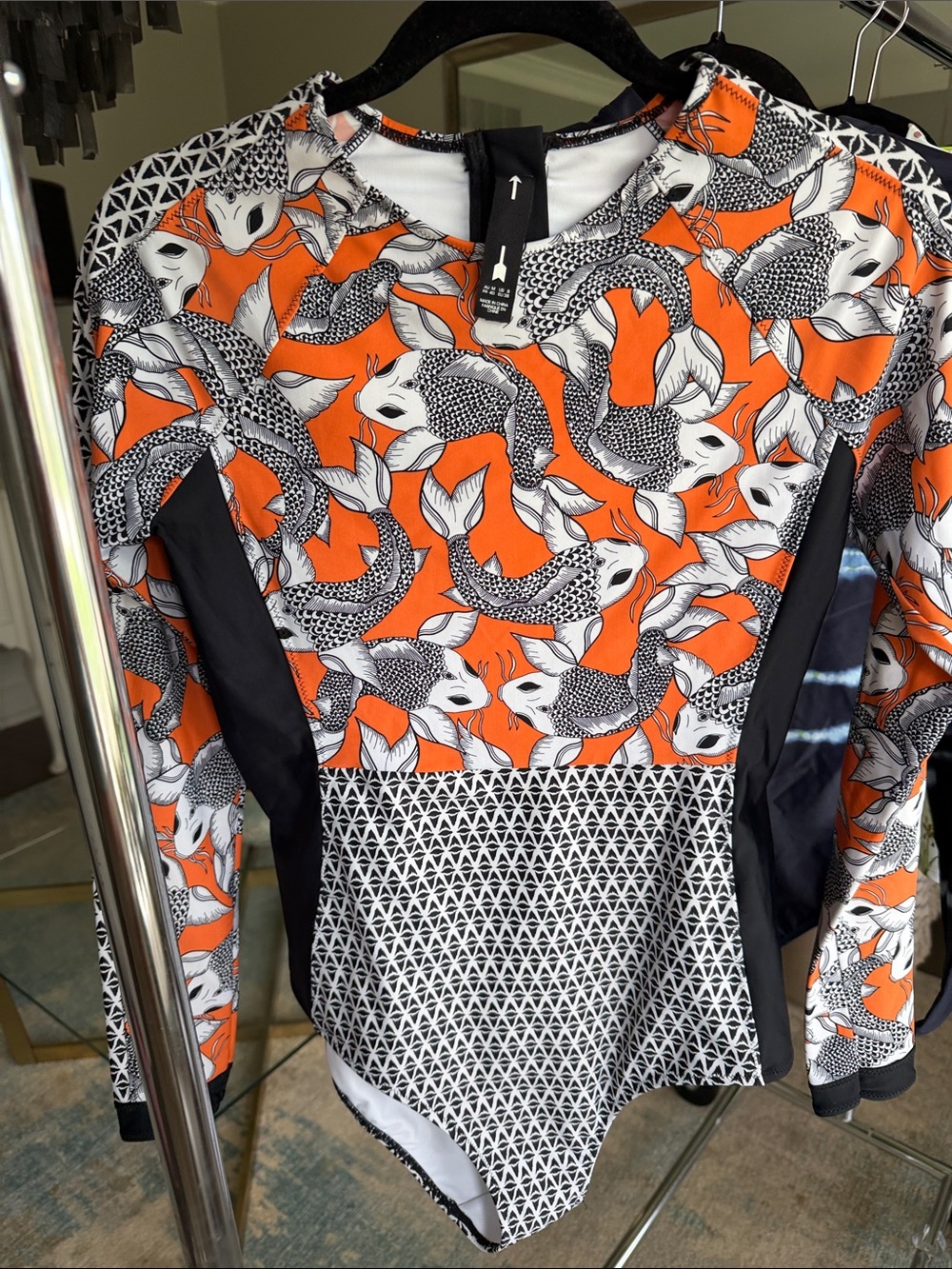 The Upside Orange Black White Koi Print Long Sleeve One-Piece Swimsuit